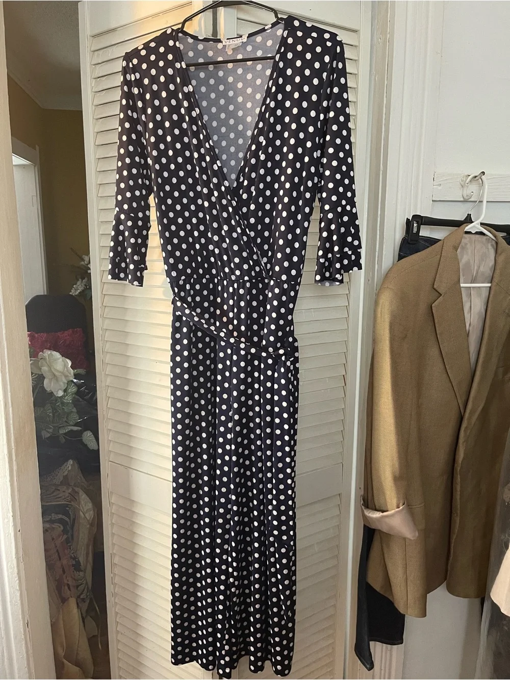 VENUS Navy and White Polka Dot Wrap Jumpsuit